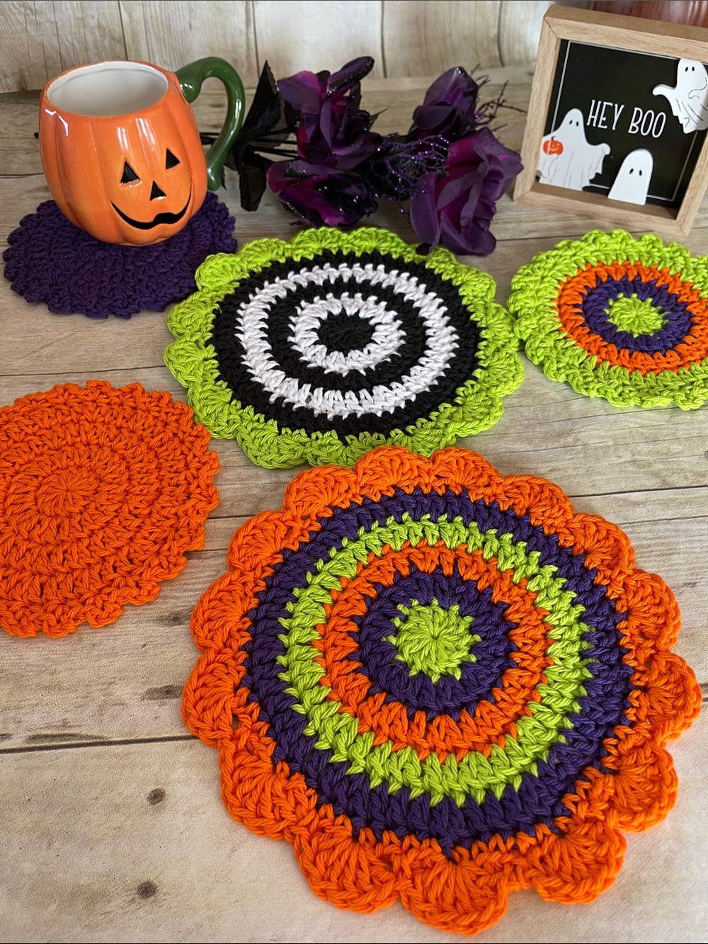 NEW Bundle of Five Crochet Doilies Halloween Colors